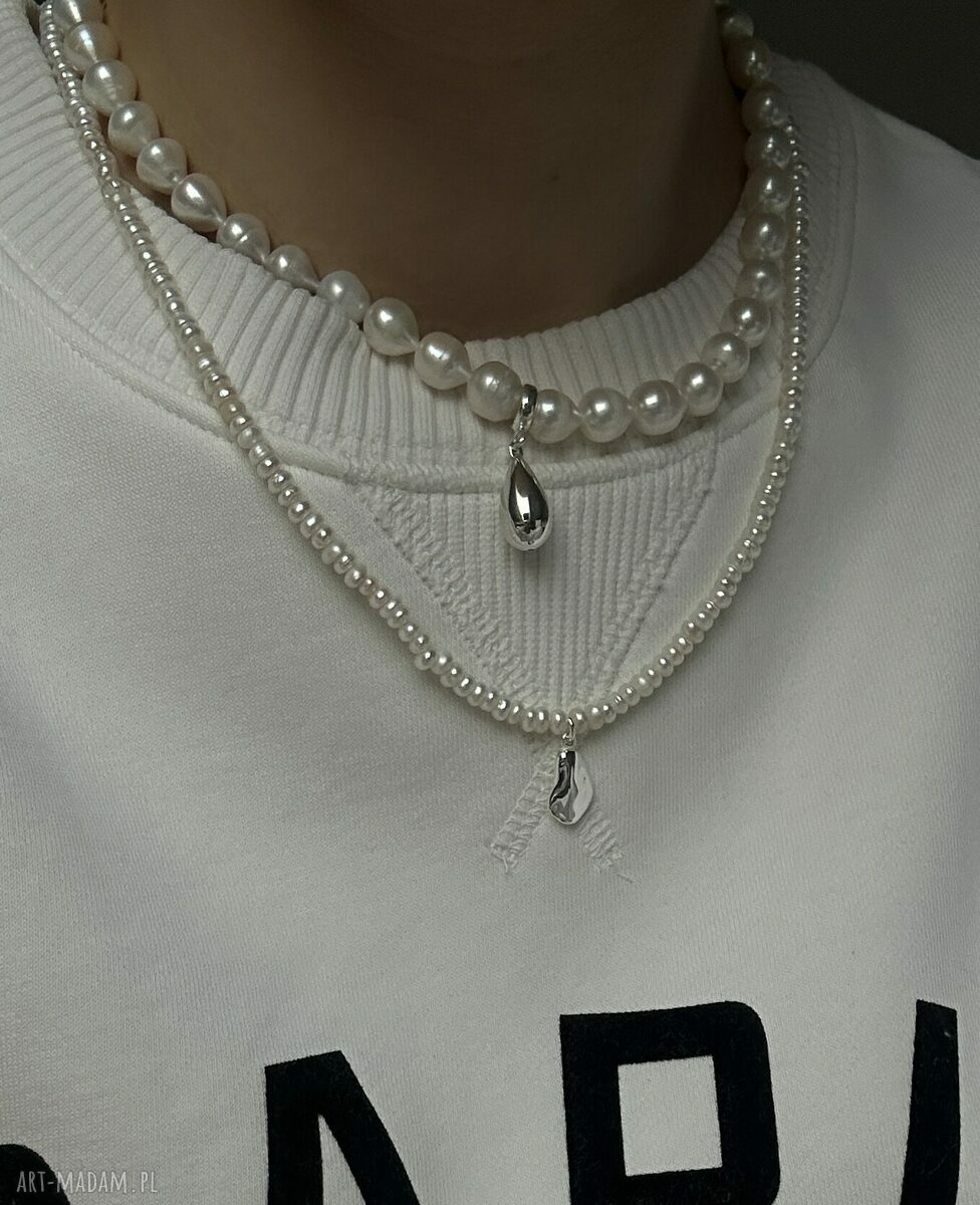 naszyjniki: Srebrny naszyjnik z pereł naturalnych z kroplą hand made