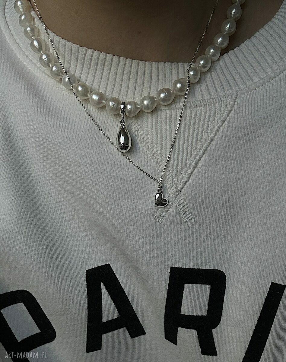 naszyjniki: Srebrny naszyjnik z pereł naturalnych z kroplą hand made