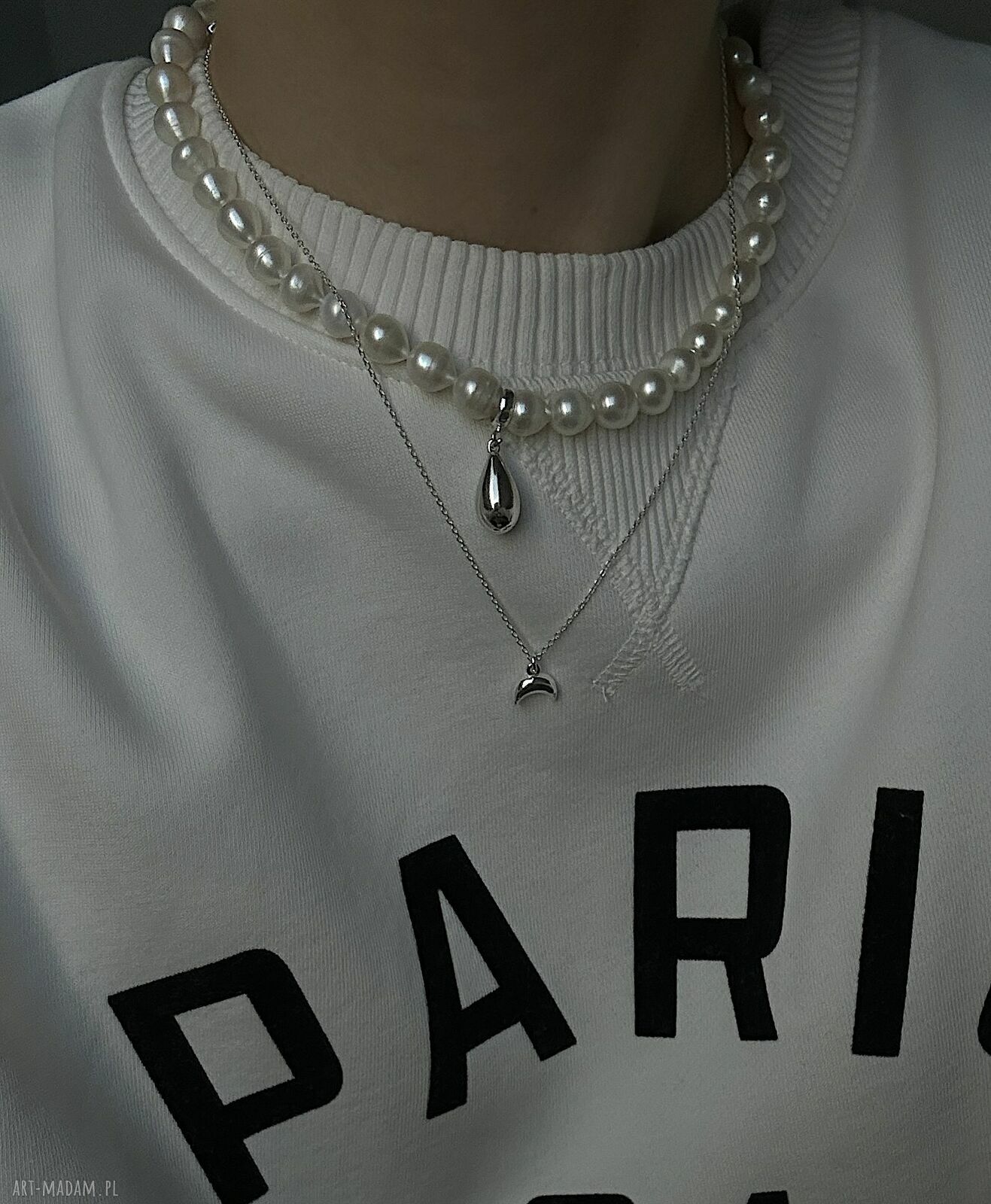 naszyjniki: Srebrny naszyjnik z pereł naturalnych z kroplą hand made