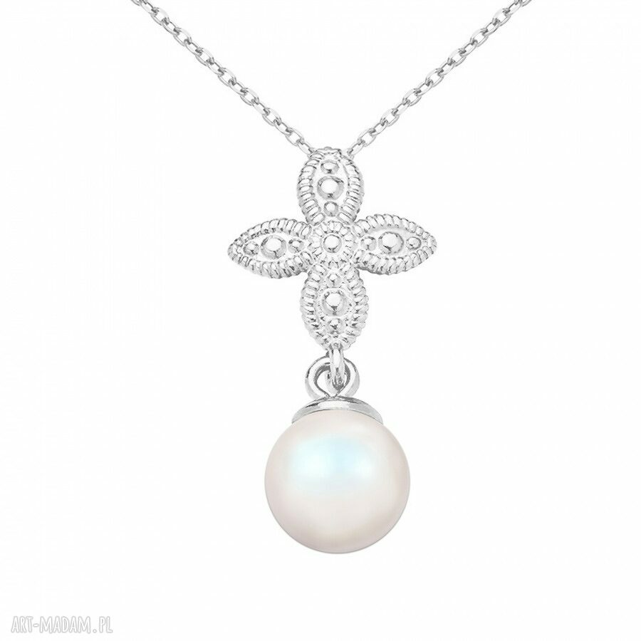Srebrny naszyjnik SOTHO z rozetką i opalizującą perłą Swarovski Crystal Pearlescent