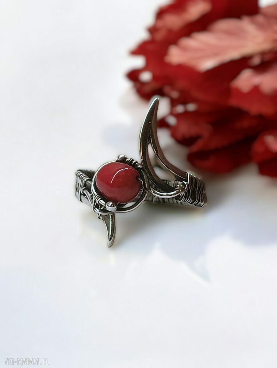 Srebrny pierścionek z koralem, Ag925 - wire wrapping