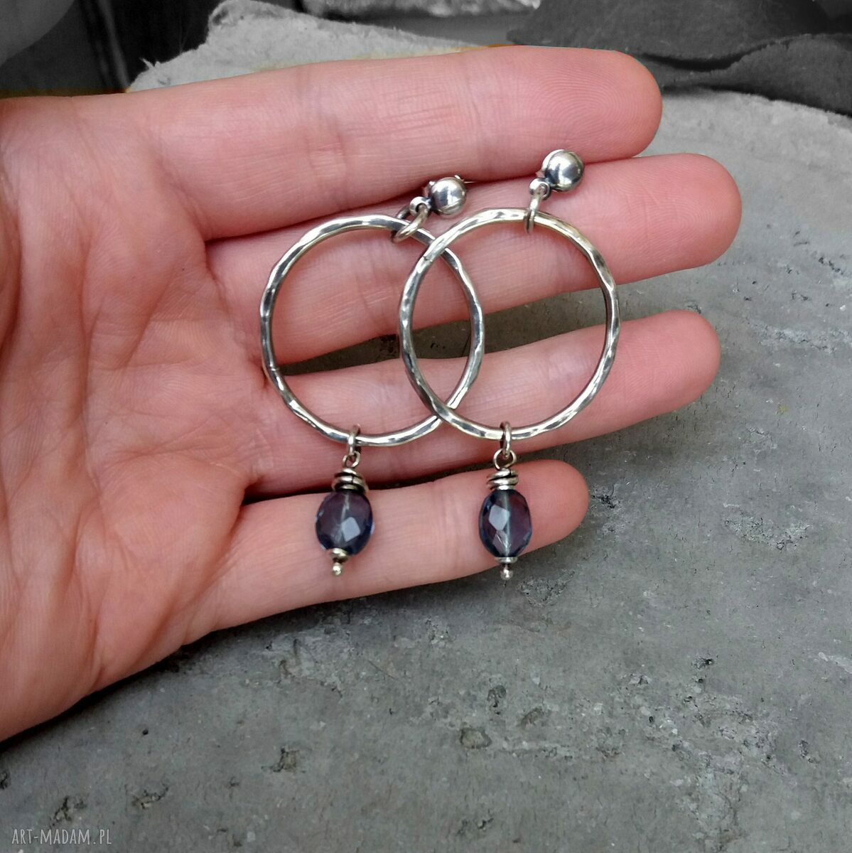 kolczyki: SREBRO I KWARC GRANATOWY KOLCZYKI KOŁA. Handmade