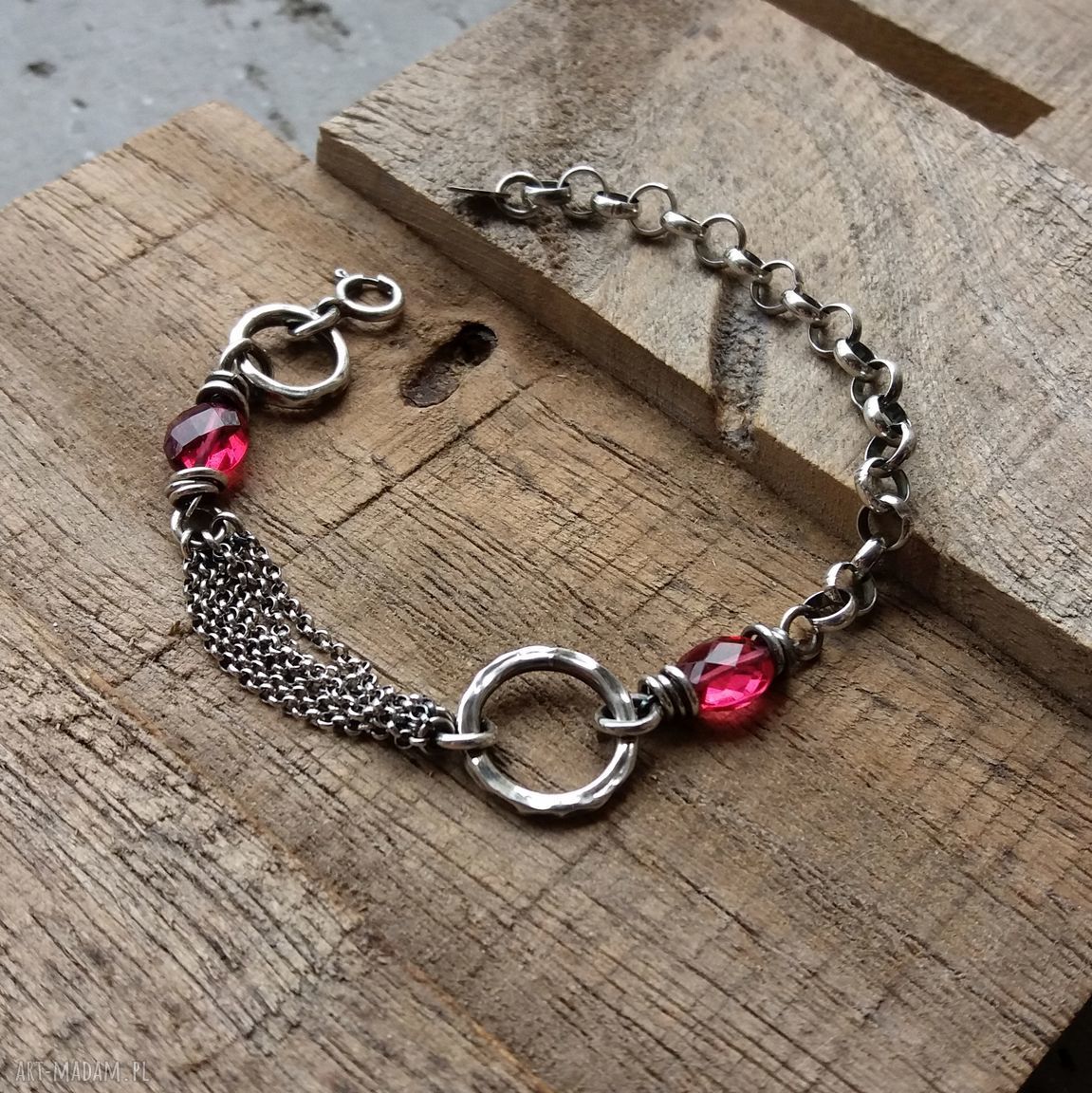 bransoletki: SREBRO I KWARC RÓZOWY BRANSOLETKA ŁAŃCUSZKOWA Z KAMIENIAMI. Autorskie