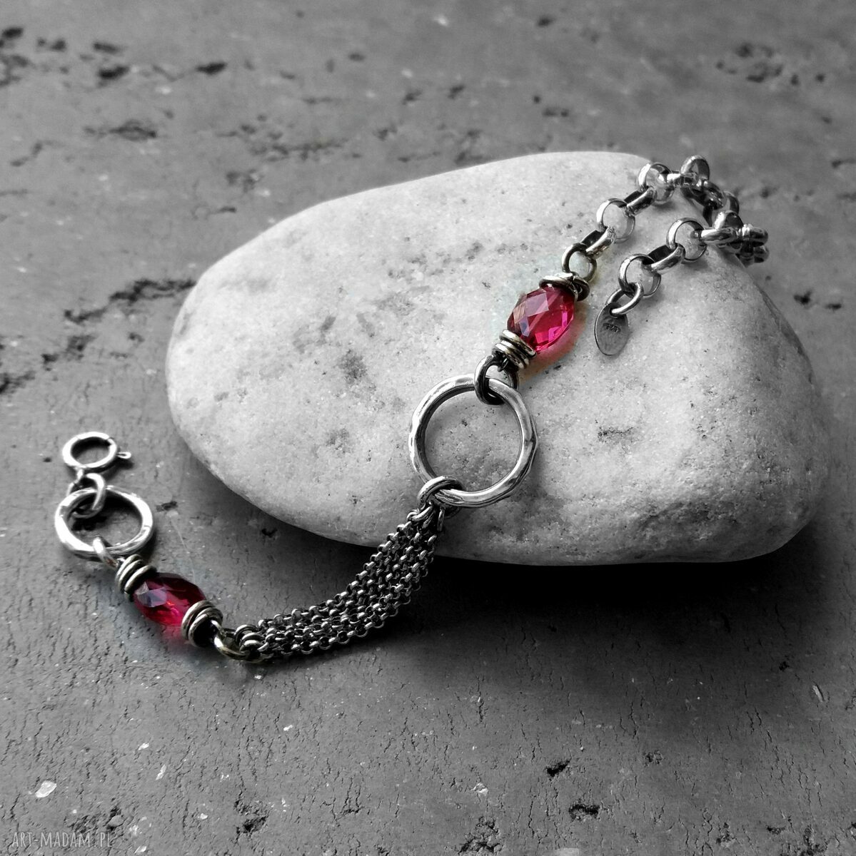 bransoletki: SREBRO I KWARC RÓZOWY BRANSOLETKA ŁAŃCUSZKOWA Z KAMIENIAMI. Autorskie