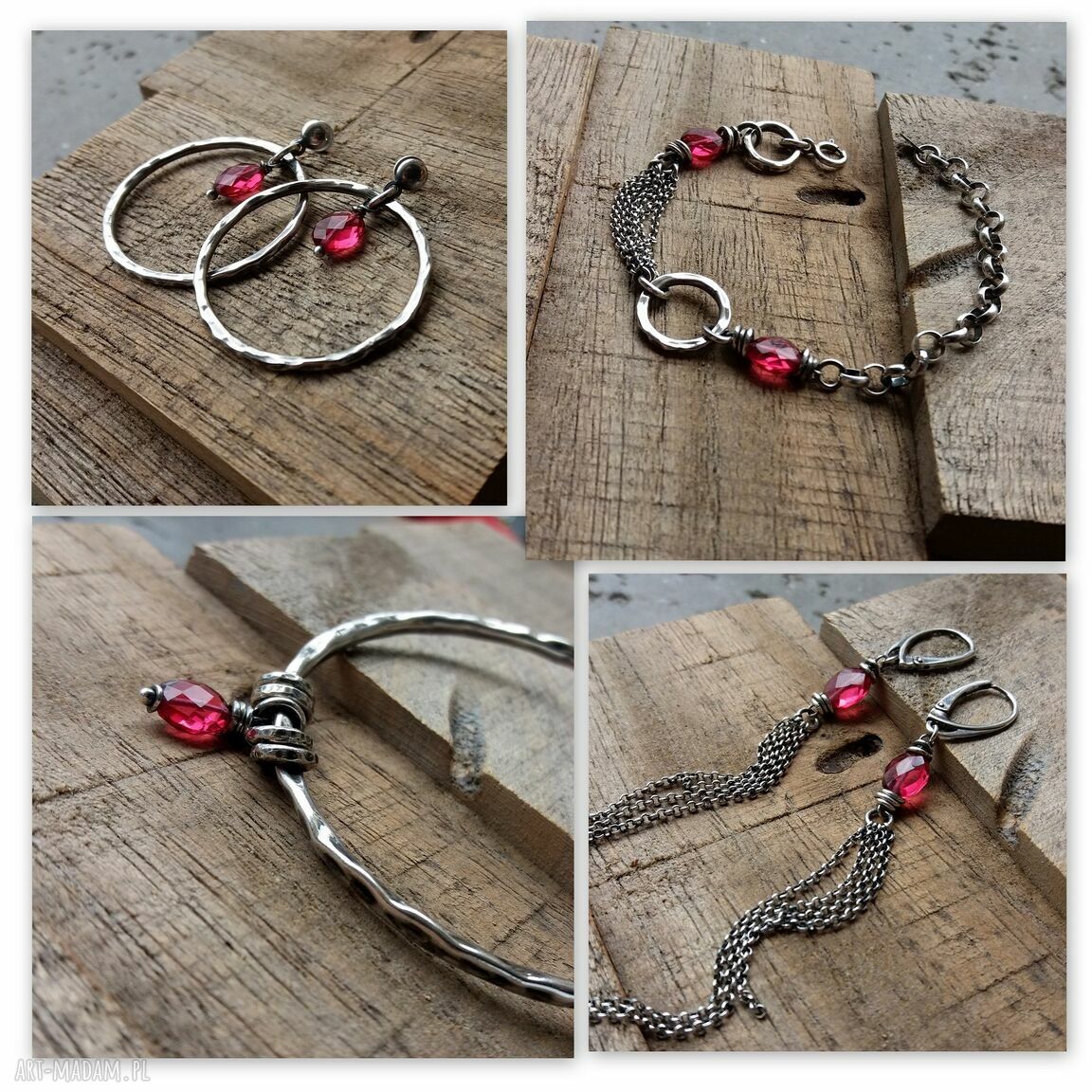 bransoletki: SREBRO I KWARC RÓZOWY BRANSOLETKA OKRĄGŁA Z ZAWIESZKAMI. Hand Made