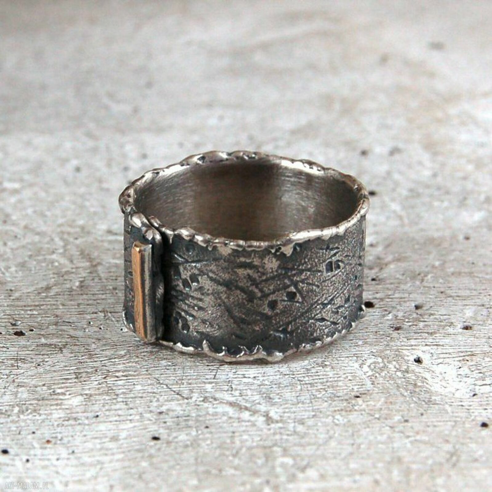 Szeroka obrączka ze srebra i złota 585 uniseks (1,2 cm) - handmade
