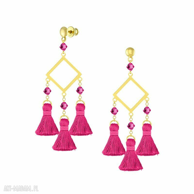 Kolczyki chwostami swarovskim boho fuksja srebro pozłacane