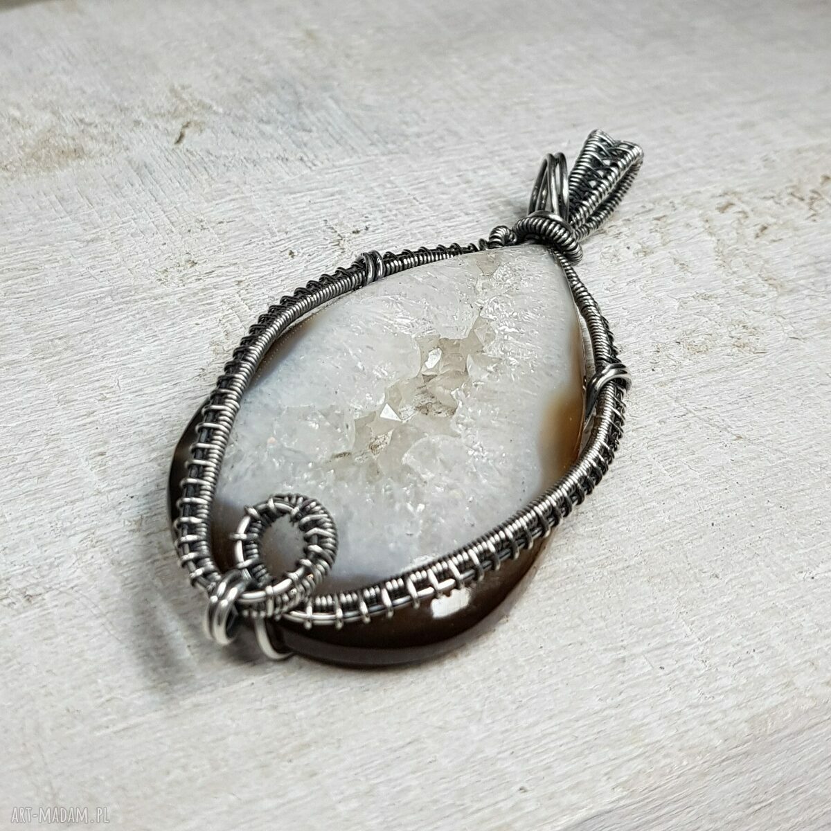 Kryształowa druza agatu w srebrze 999 - naszyjnik wire wrapping s214