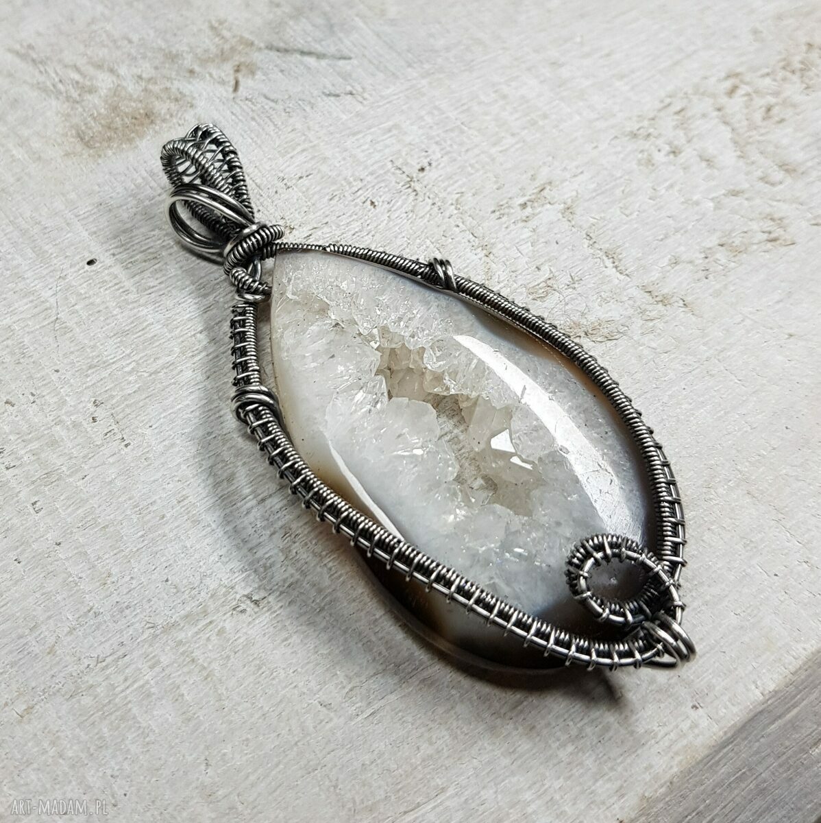 Kryształowa druza agatu w srebrze 999 - naszyjnik wire wrapping s214