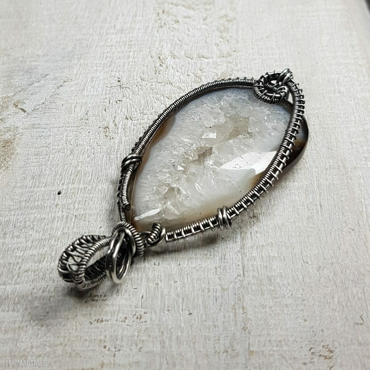 Kryształowa druza agatu w srebrze 999 - naszyjnik wire wrapping s214