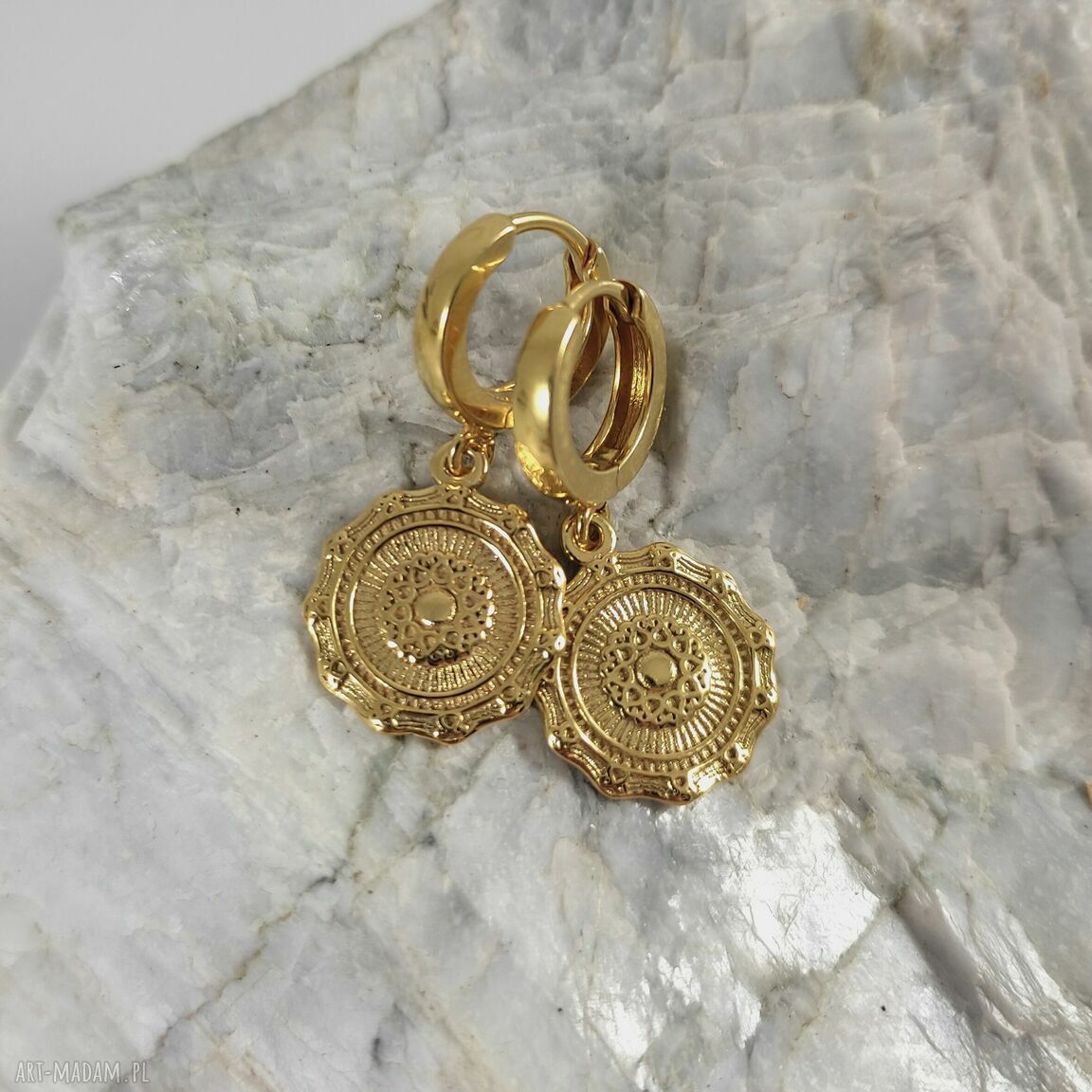 Boho kolczyki - monety ze srebra 925 złocone 24K