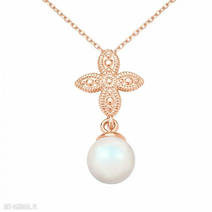 Naszyjnik z różowego złota SOTHO rozetka i opalizująca perła Swarovski® Crystal