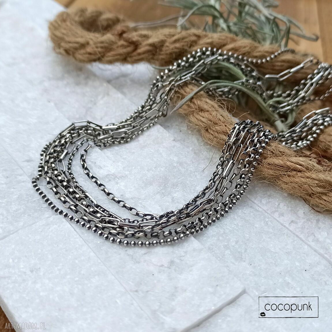 naszyjniki: Srebro nowoczesny naszyjnik 7 łańcuszków. hand made