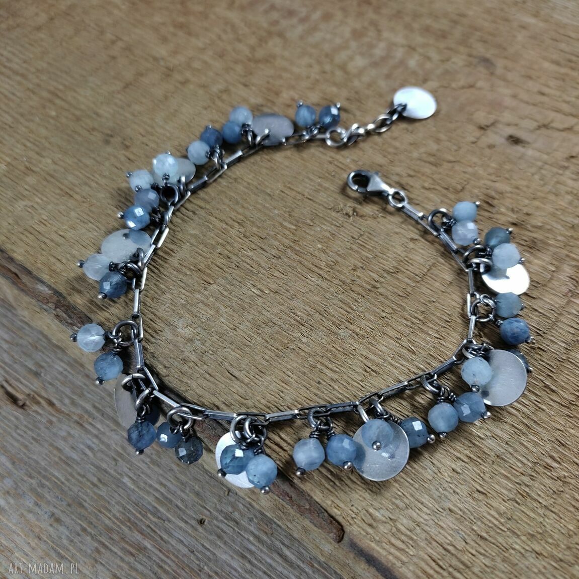 Bransoletka z akwamarynu i srebra 925 - zawieszki, srebro oksydowane (handmade)