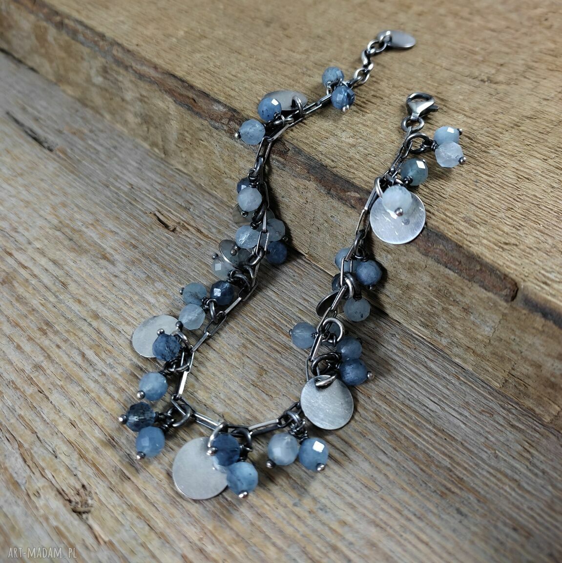 Bransoletka z akwamarynu i srebra 925 - zawieszki, srebro oksydowane (handmade)