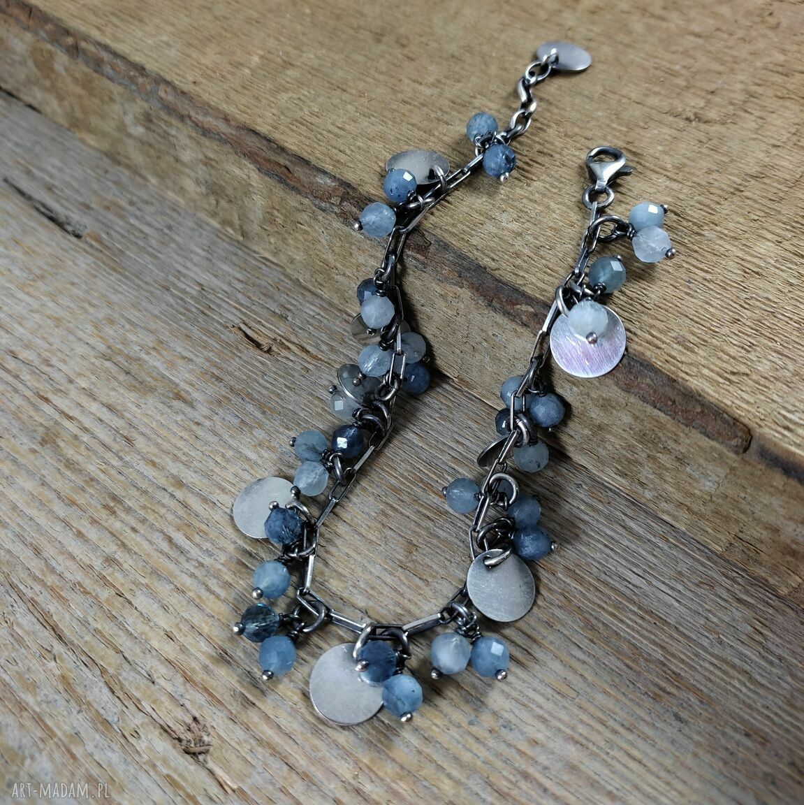 Bransoletka z akwamarynu i srebra 925 - zawieszki, srebro oksydowane (handmade)