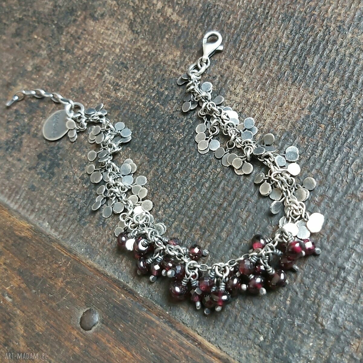 Bransoletka srebrna listki z granatami Handmade