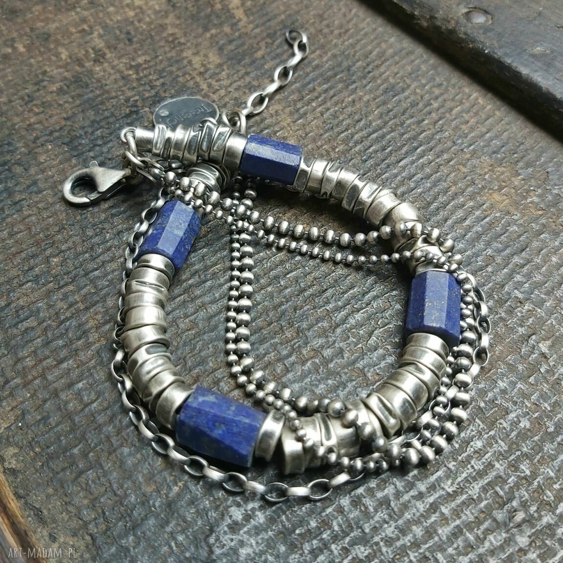 Bransoletka srebrna matowym lapisem lazuli srebra metaloplastyka
