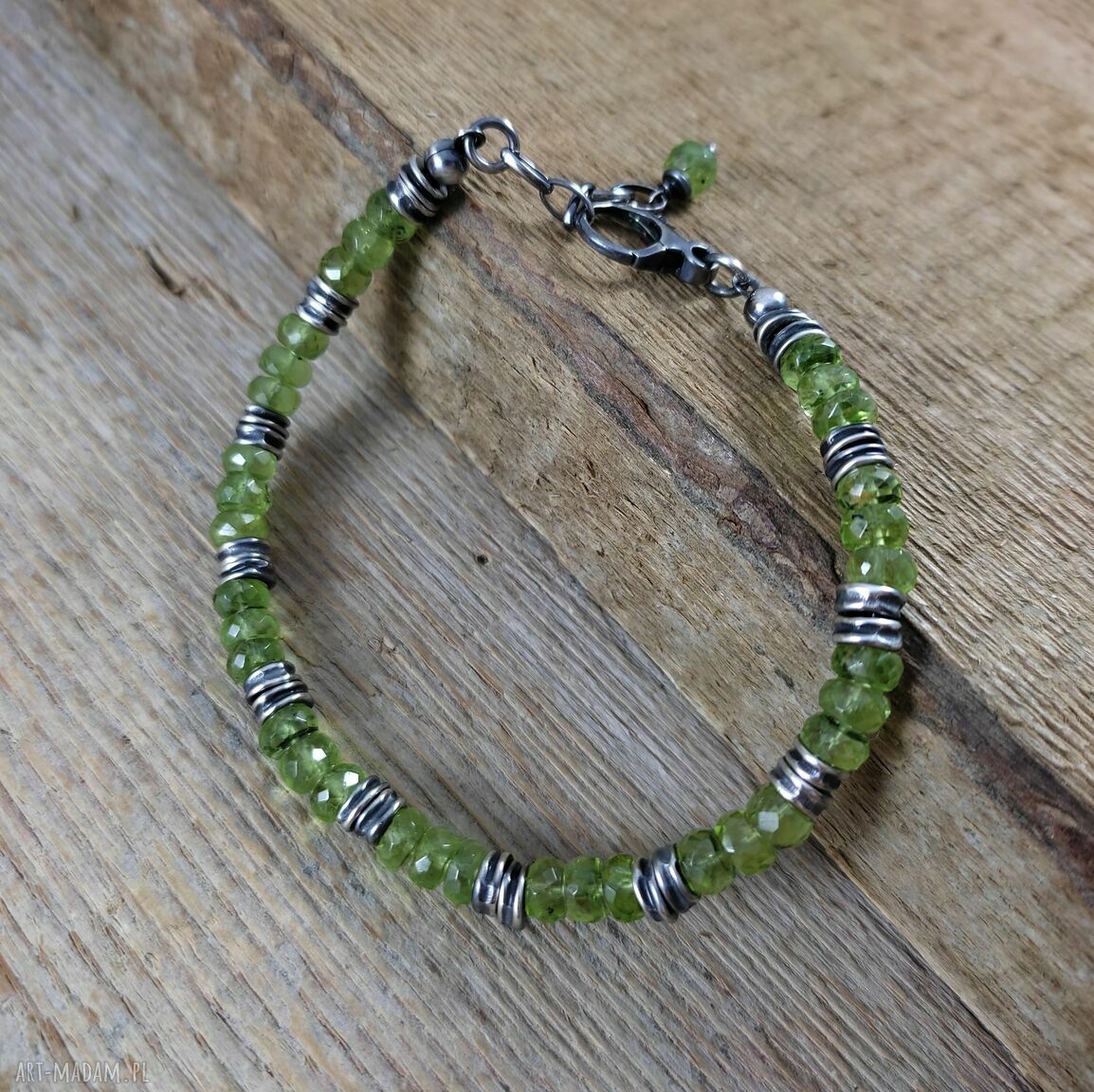 Bransoletka z oliwinu (peridot) z przekładkami - srebro 925 oksydowane