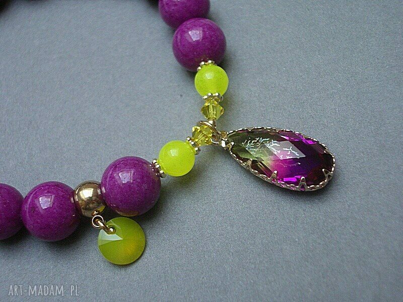 Bransoletka z jadeitem i Swarovski amarant citron, pozłacane przekładki, na gumce silikonowej