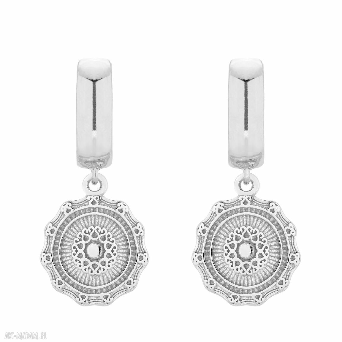 Srebrne kolczyki medalionami zawieszki medaliony wiszące bigle