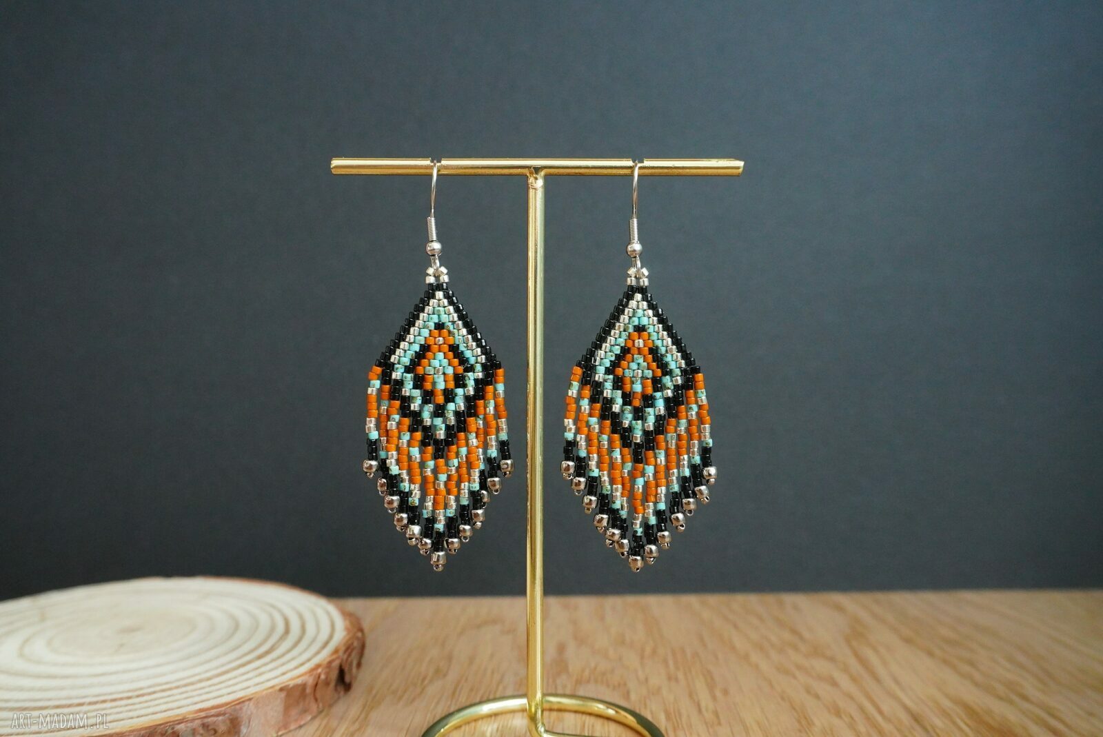 Długie kolczyki ze stali chirurgicznej - beading Miyuki w kolorach turkus i brąz
