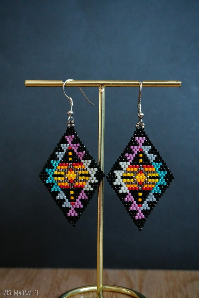 Kolczyki w romby ze stali chirurgicznej i koralików Miyuki - kolorowe beading