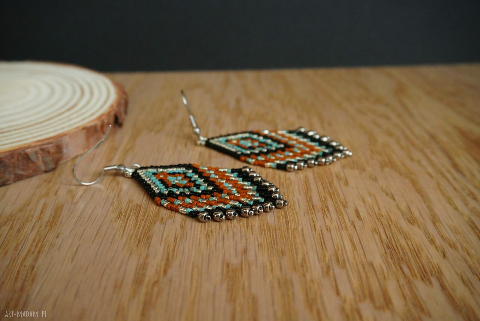 Długie kolczyki ze stali chirurgicznej - beading Miyuki w kolorach turkus i brąz