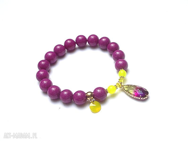 Bransoletka z jadeitem i Swarovski - amarant citron, pozłacane przekładki, na gumce silikonowej
