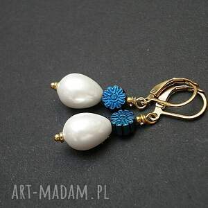 pearls white and cobalt perły - kolczyki