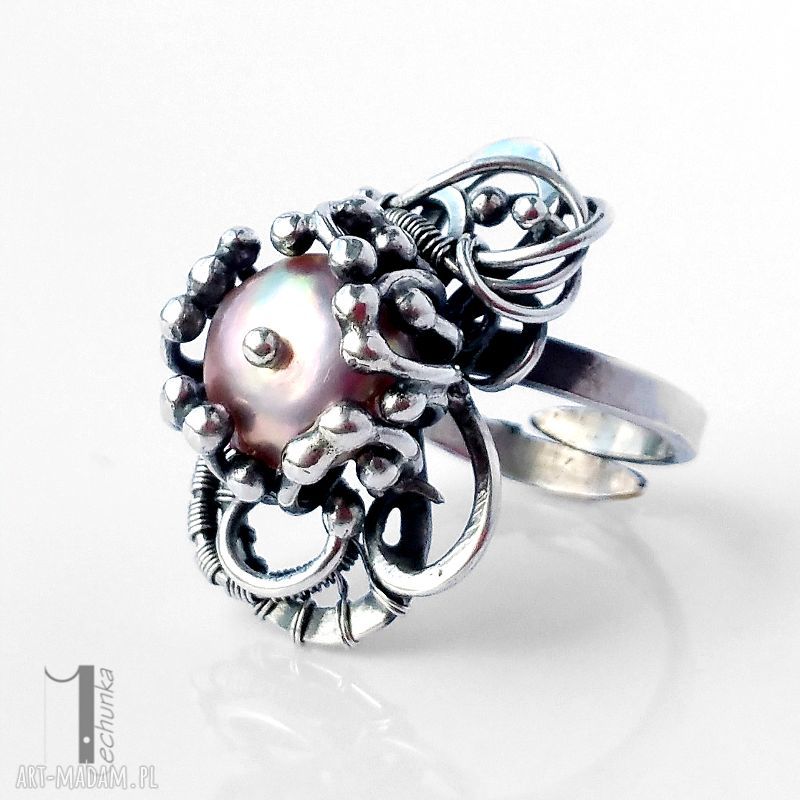 Stamnibus II srebrny pierścień z perłą - wire wrapping