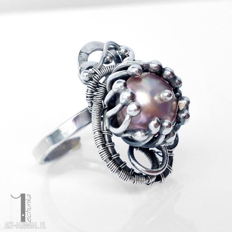 Stamnibus II srebrny pierścień z perłą - wire wrapping