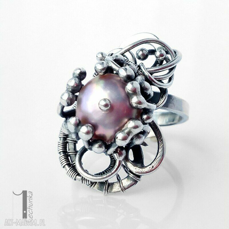 Stamnibus II srebrny pierścień z perłą - wire wrapping