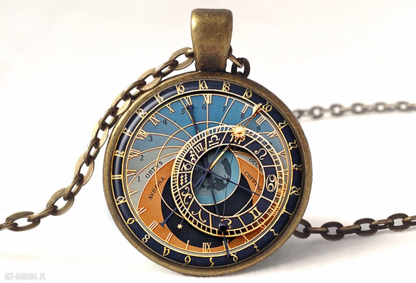Zegar Praski - medalion z łańcuszkiem steampunk handmade