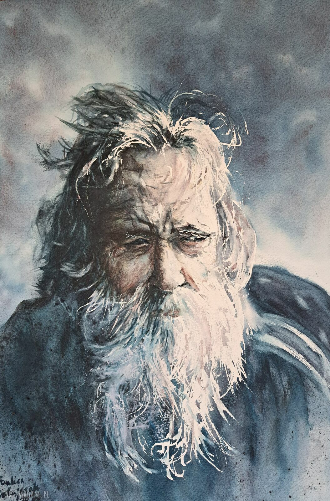 Starzec - oryginalna akwarela, portret mężczyzny 42 x 29,7 cm