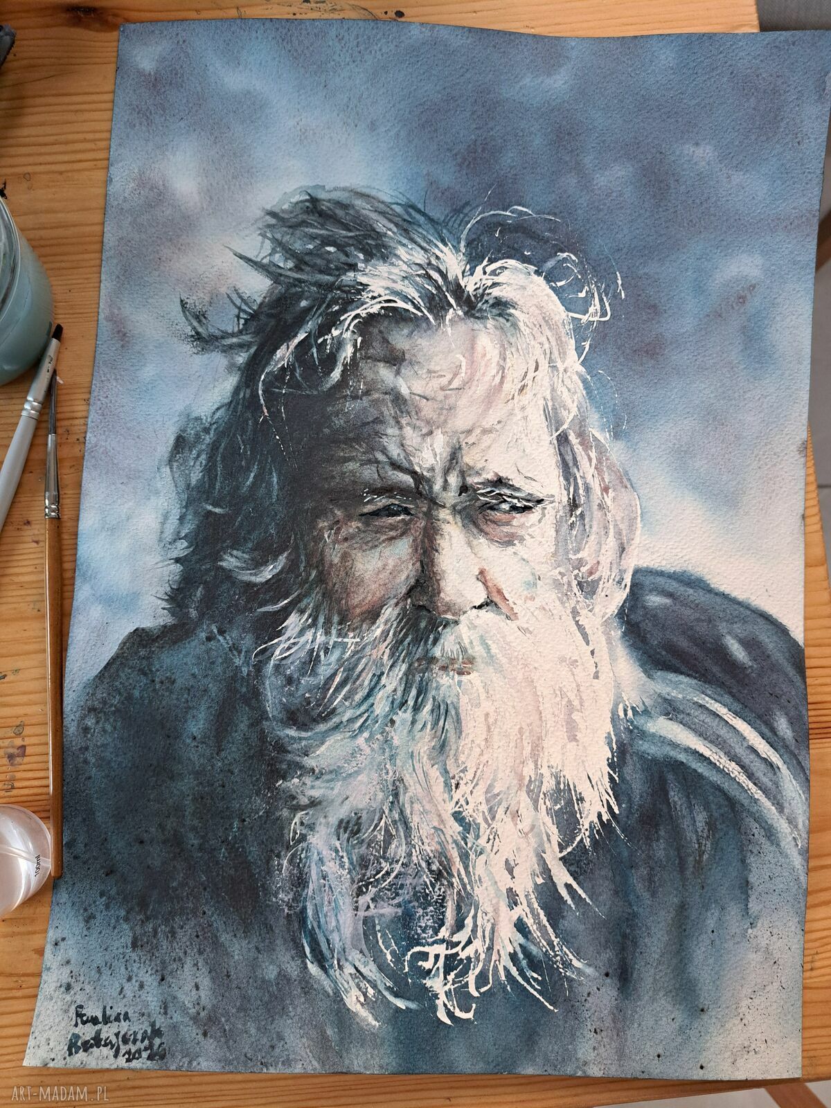 Starzec - oryginalna akwarela, portret mężczyzny 42 x 29,7 cm