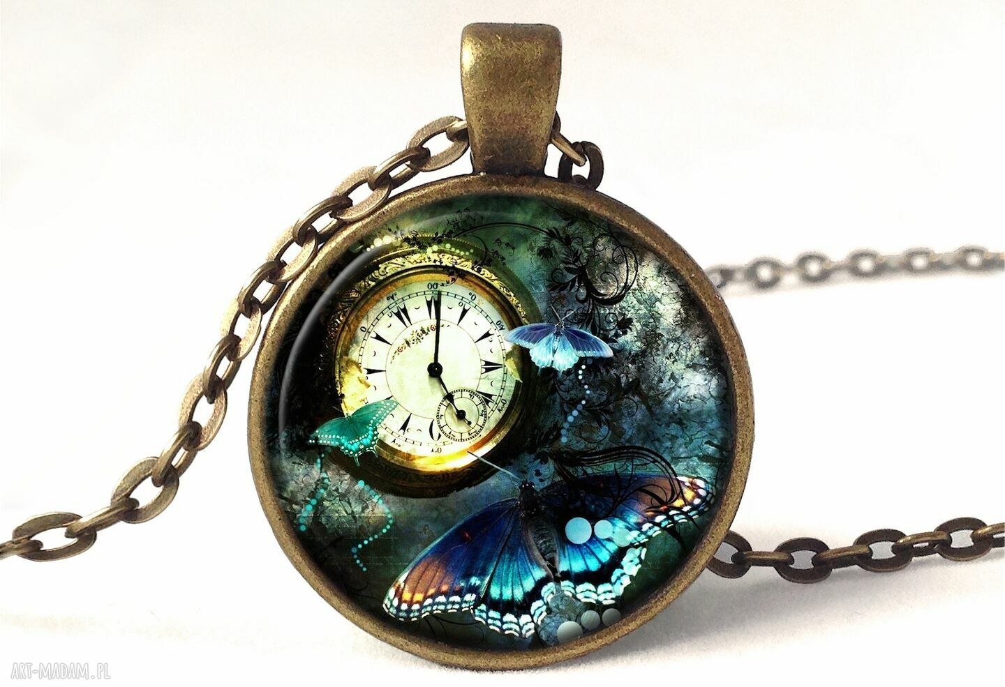 Steampunk medalion łańcuszkiem collage motyl kolaż naszyjnik