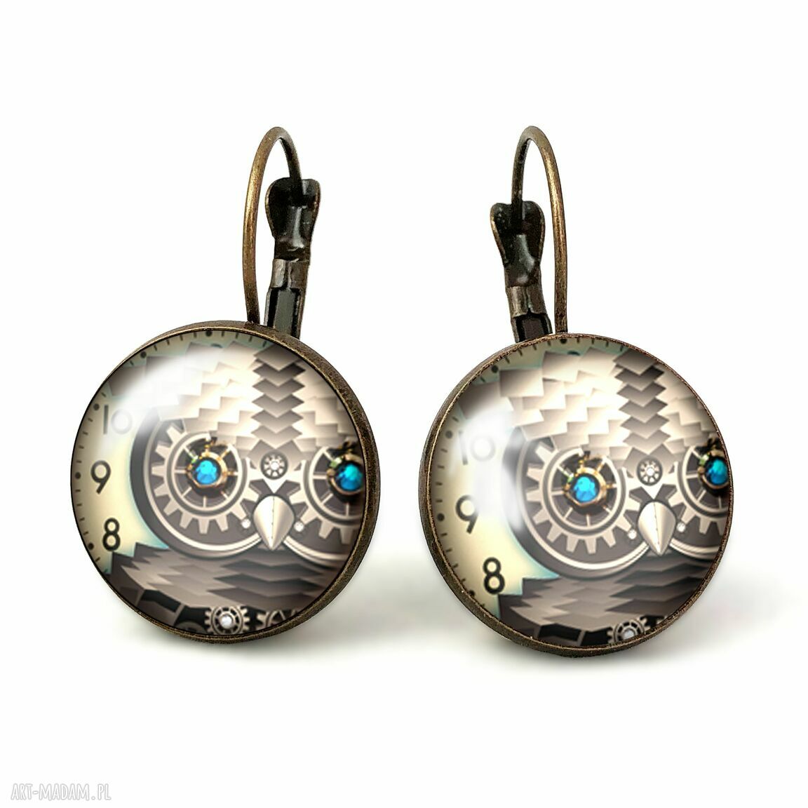 Steampunkowa sowa duże kolczyki wiszące steampunk zegar