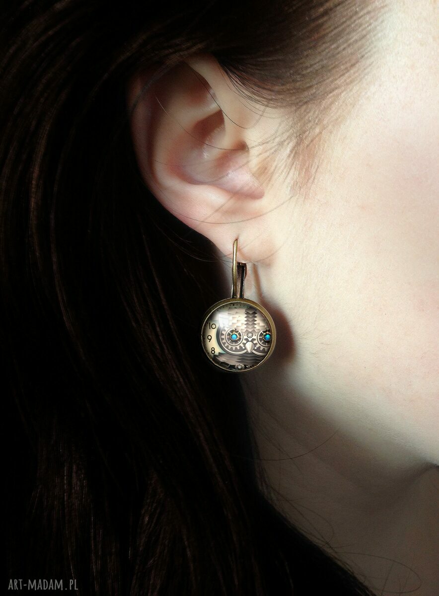 kolczyki: Steampunkowa sowa Duże kolczyki wiszące ręcznie zrobione
