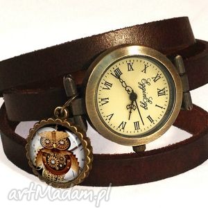 steampunk owa sowa - zegarek bransoletka na skórzanym pasku