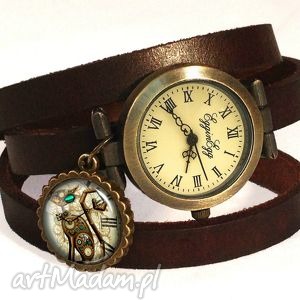 steampunk owy kot - zegarek bransoletka na skórzanym pasku