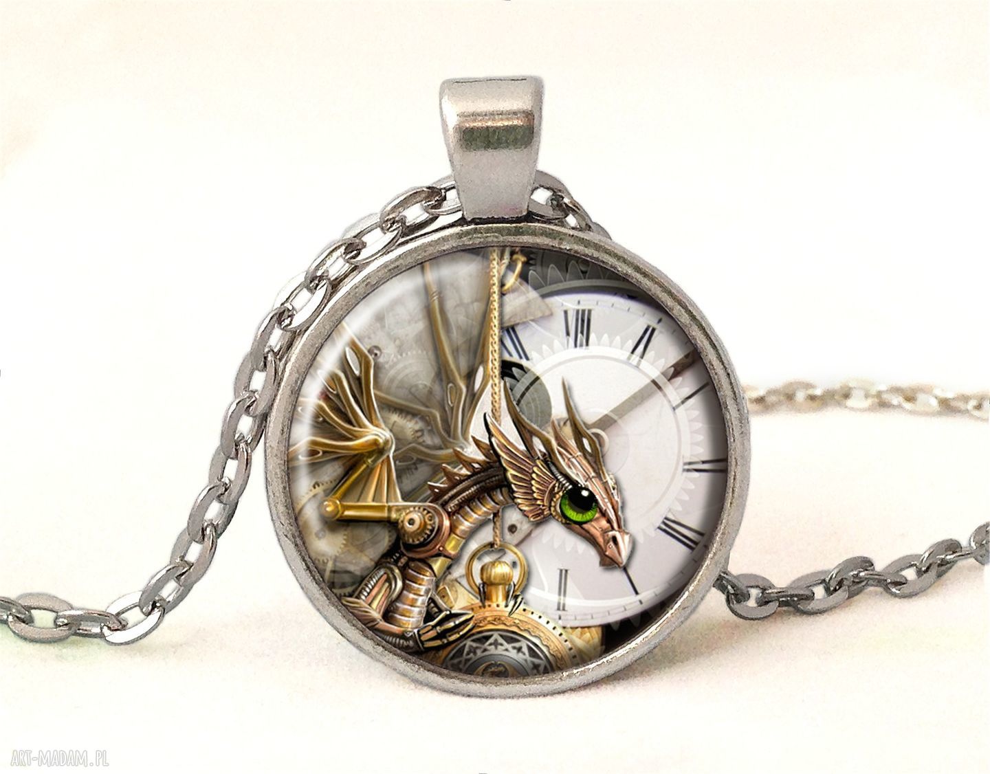 Steampunkowy smok - medalion z powiększającym szkłem 25 mm i łańcuszkiem, ręcznie robiony naszyjnik