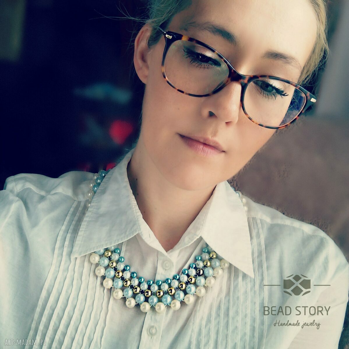 Stella - pastelowa kolia z korali perłowych na satynowej tasiemce (handmade)