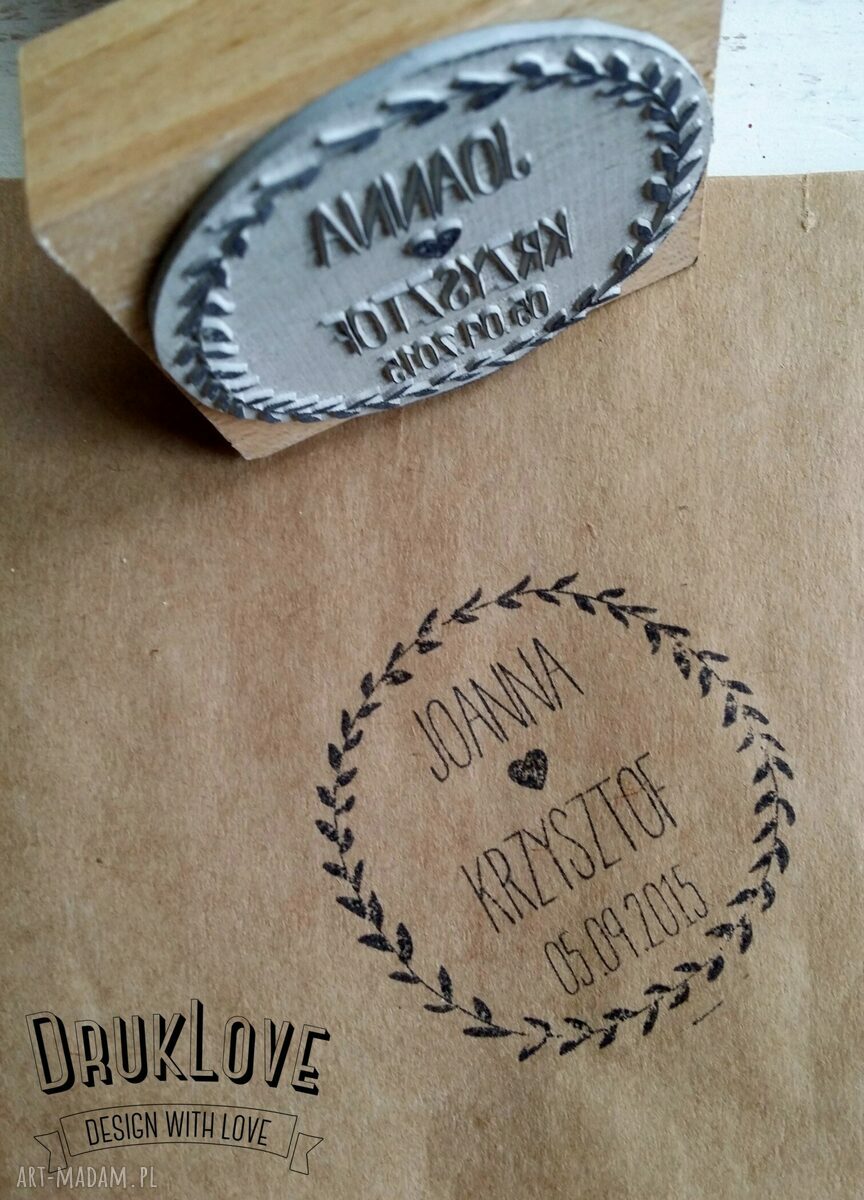 Ślubny stempel personalizowany 60 mm Ex Libris - czarne listki