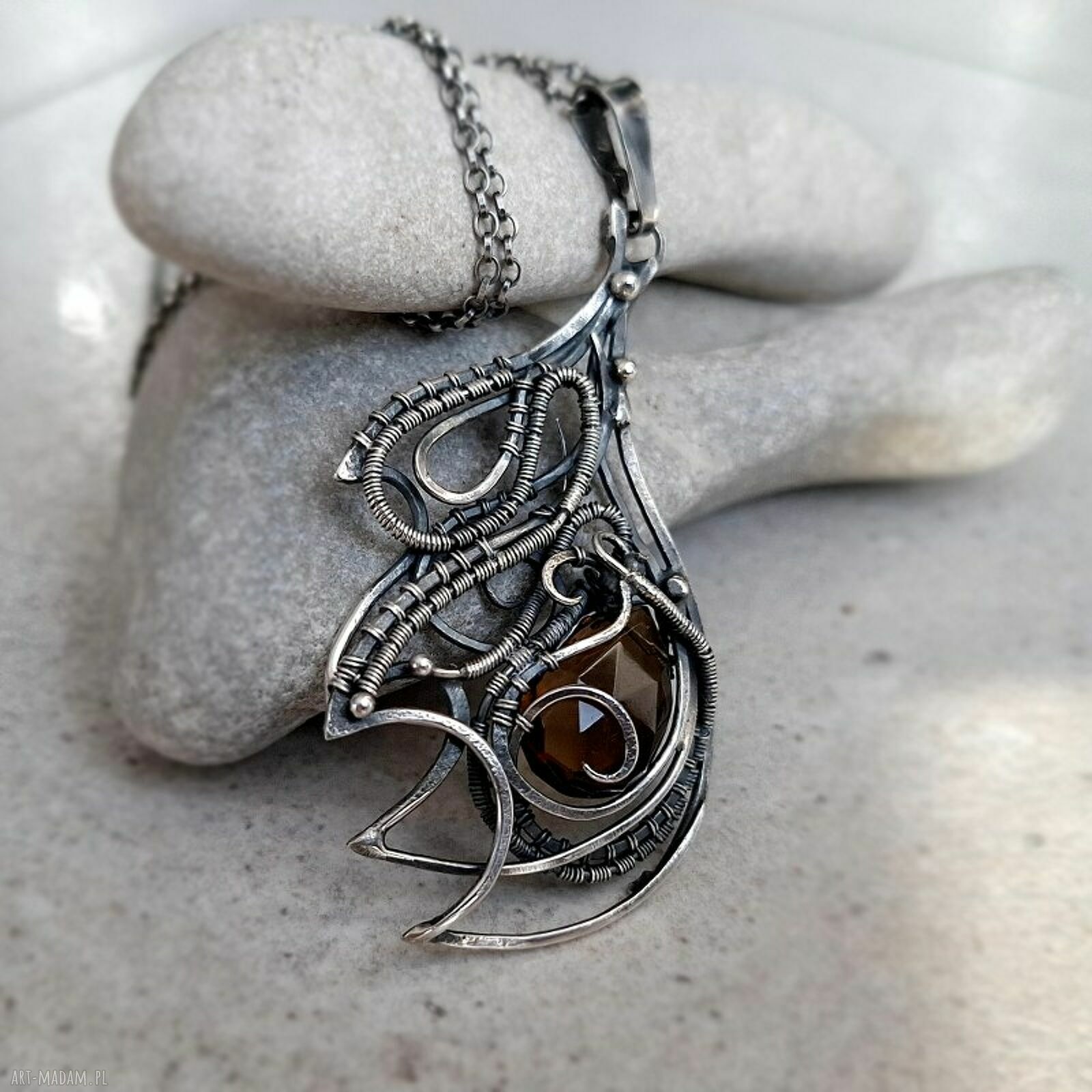 Stio II srebrny naszyjnik z kwarcem dymnym wire wrapping na prezent