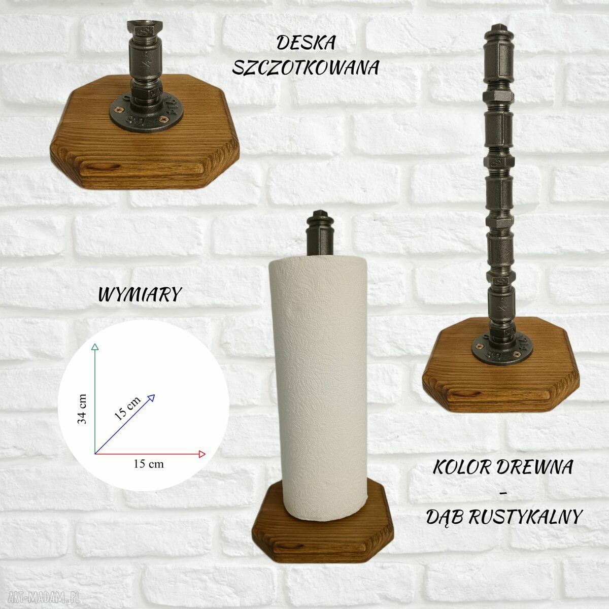 Loftowy stojak na papier kuchenny S002_1-W1 - drewno i metal