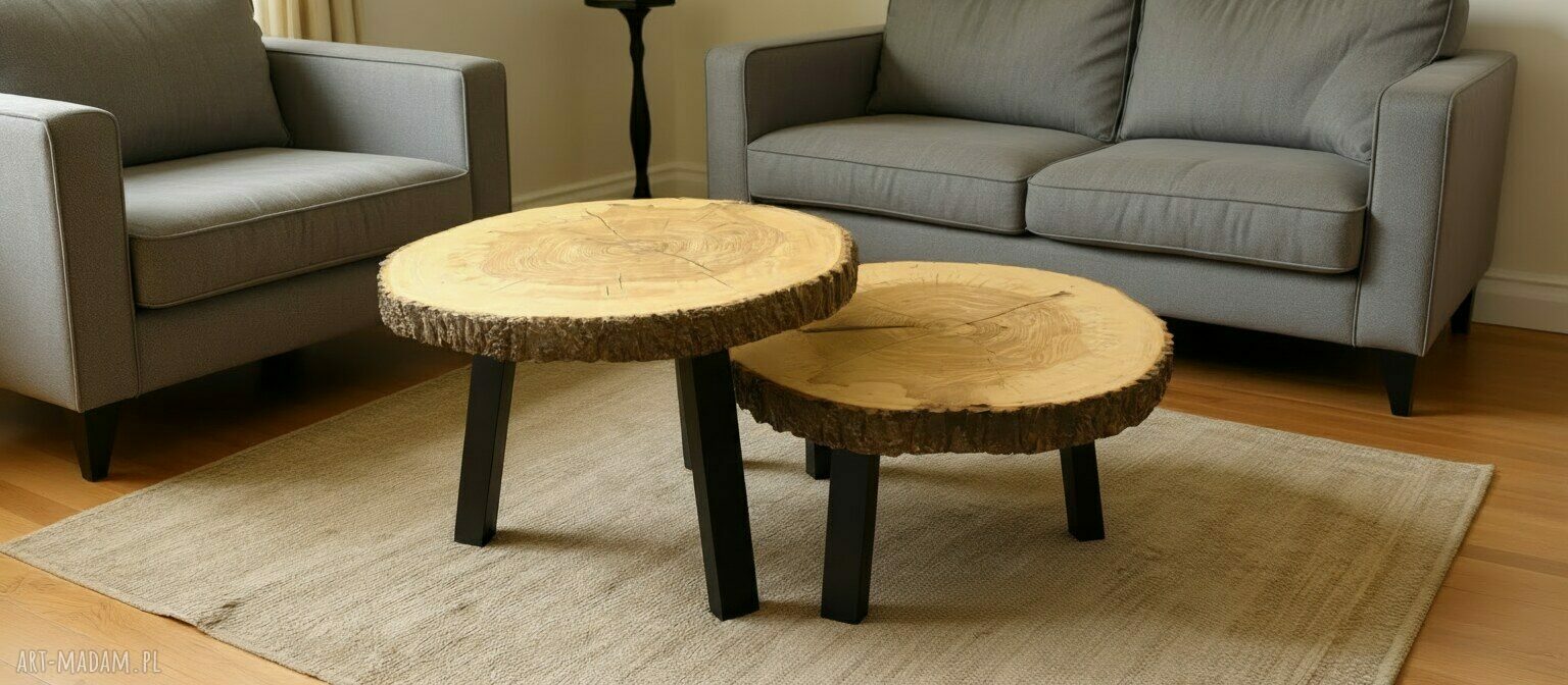 Stolik kawowy z litego drewna 70 cm - handmade unikat (zestaw 2 stolików)