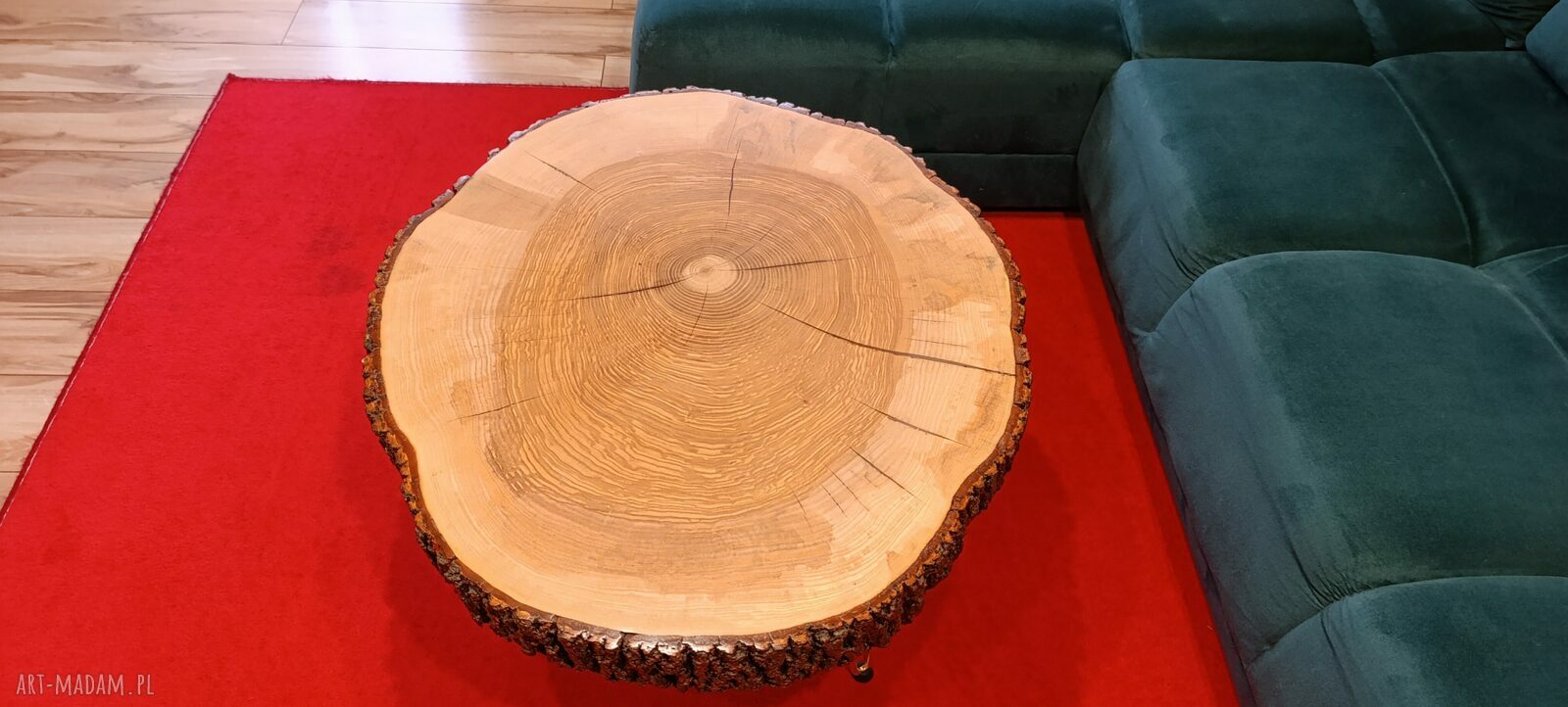 Duży stolik kawowy z plastra drewna LOFT - naturalna kora i nogi hairpin
