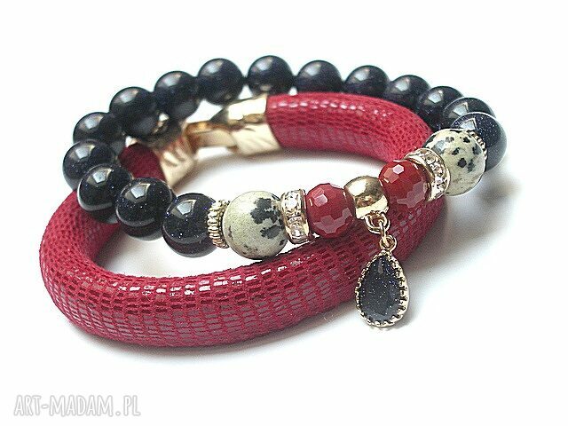 Strap red and navy blue duo skóra rzemień kamienie jaspis