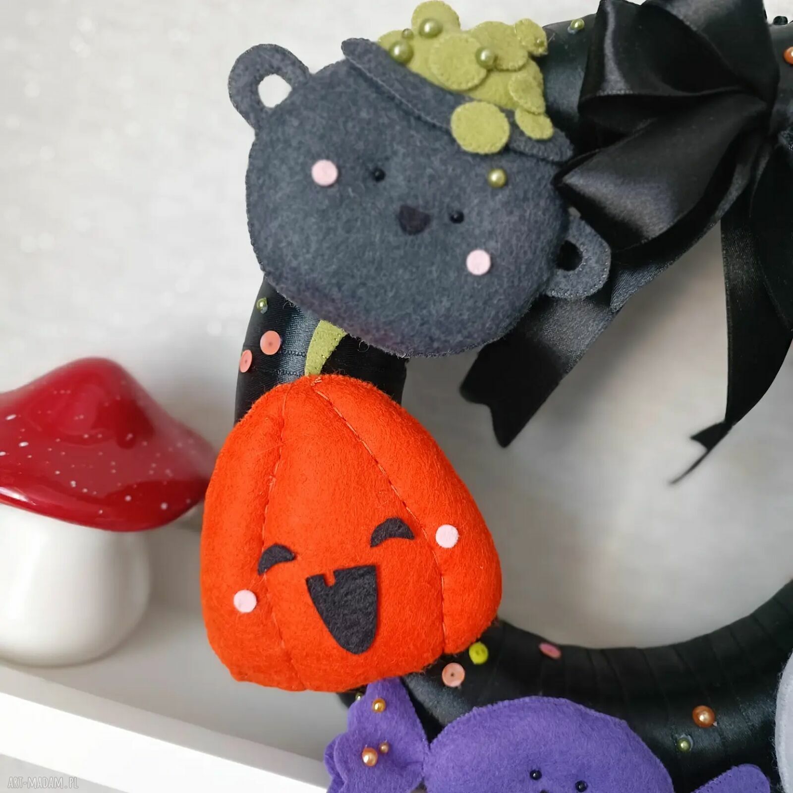 Straszny wianek na Halloween z dynią i duchem (Frankenstein) - ręcznie robiona dekoracja na drzwi